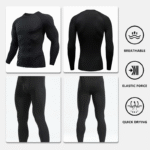Four-Piece Men'S Thermal Underwear Long-Sleeved Suit, Sports Outdoor Thermal Underwear Tops and Pants Men, Autumn, Winter Warm Sports Pure Black Suit Clothing Menswear Polyester Stretch Stylish Plain