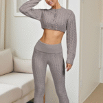 Fisoew Women'S Cable Knit Sweater Set Two Piece Outfit Cropped Cardigan and High Waist Flare Pants Casual Knitwear