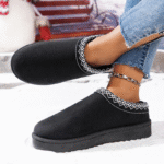 Womens Slippers Platform Mini Ankle Boots,Vegan Suede Upper,Warmly Cozy Fuzzy Fur-Lined Indoor Slippers Slip on Shoes for Out Door Black