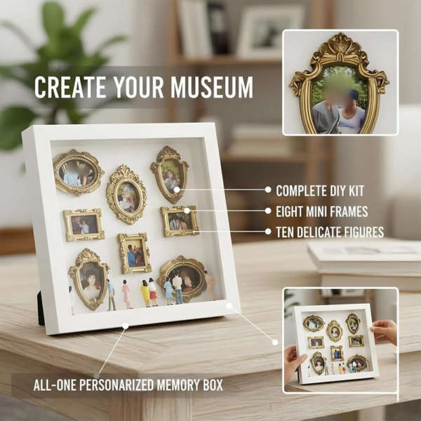 DIY Mini Museum Silhouette Box, Shadow Box Frame Kit with Gold Mini Frames & Figurines, Celebrate Your Unique Memories in Style, for Anniversary, Wedding, Birthday & Home Decor