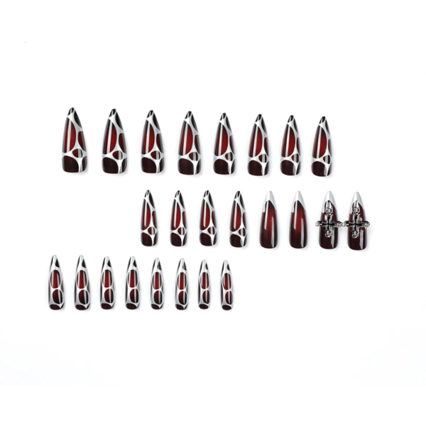 Stiletto Press on Nails Long Fake Nails Black Red Glue on Nails Almond Acrylic Nails with Goth Design Stick on Nails for Women and Girls 24Pcs