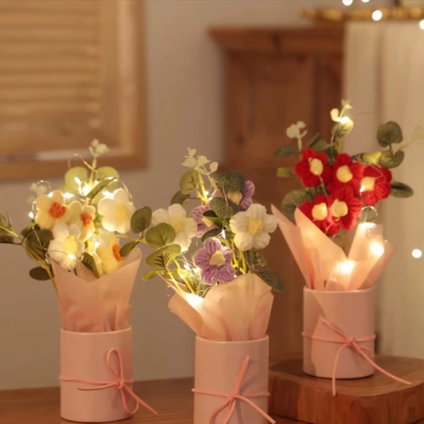 1Pc Artifiical Folwer Bouquet Wool Puff Flower Bucket Home Furnishings Handmade Crochet Yarn Bouquet Valentine'S Day Gift Home