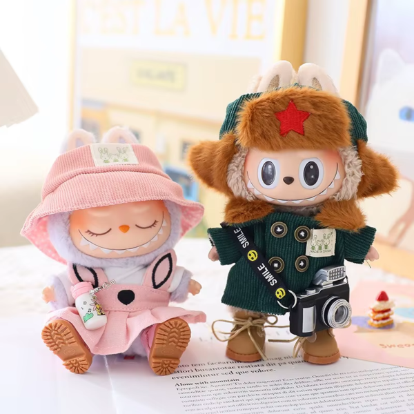 17Cm Pendant Labubu Doll Dress Cute Labubu Doll Clothes Pink Rabbit Skirt Green Coat Suit Cartoon Doll Hat Princess Shoes Gift