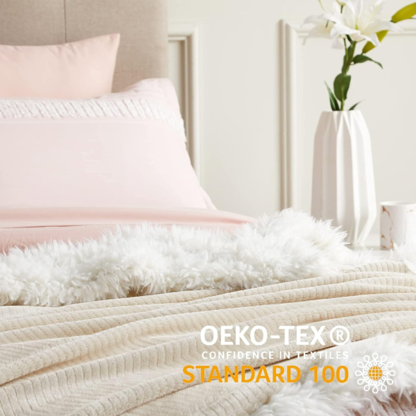 Sherpa Fleece Throw Blanket - Beige Herringbone Throw, 50 X 60 Inches, Warm, Soft, Lightweight, Winter, Unisex, Camping