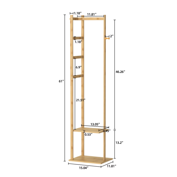 Bamboo Coat Rack Clothes Rack, Freestanding with 2 Shelves and 3 Hooks, Coat Tree for Entryway, Living Room, Coat Hanger Stand