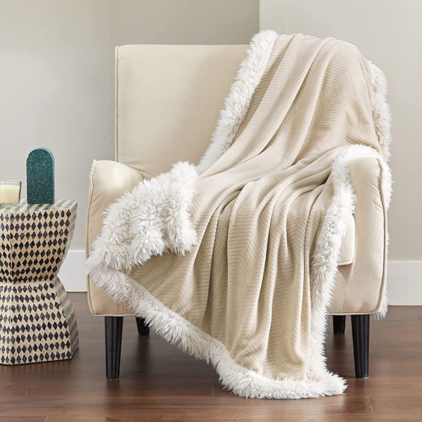 Sherpa Fleece Throw Blanket - Beige Herringbone Throw, 50 X 60 Inches, Warm, Soft, Lightweight, Winter, Unisex, Camping