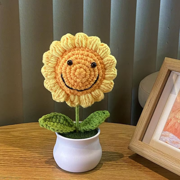 Hand Woven Lily Valley Potted Home Decoration Knitted Simulated Flower Yarn Crochet Flower Pot Sunflower Bouquet Gift DIY Hand