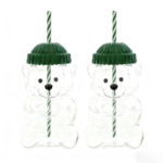 Holiday Bear Glass Cup with Straw, Cute Bear Cold Drink Cup, Festive Coffee & Beverage Glass, Adorable Bear Cup with Green Hat Lid, 2025 Seasonal Drinkware