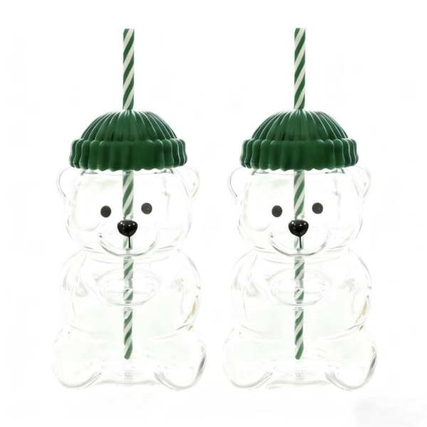 Holiday Bear Glass Cup with Straw, Cute Bear Cold Drink Cup, Festive Coffee & Beverage Glass, Adorable Bear Cup with Green Hat Lid, 2025 Seasonal Drinkware