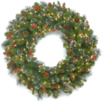 30 in Pre-Lit Crestwood Spruce Artificial Christmas Wreath, Christmas Decoration with Glitter, Pinecones, Red Berries, 70 Clear LED Lights, 200 Tips, Timer, Green
