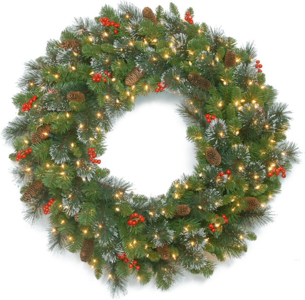 30 in Pre-Lit Crestwood Spruce Artificial Christmas Wreath, Christmas Decoration with Glitter, Pinecones, Red Berries, 70 Clear LED Lights, 200 Tips, Timer, Green