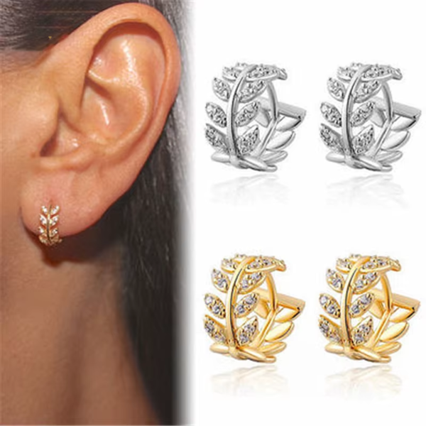 Silver Color Hot Selling Leaves Full Zircon Hoop Earrings Female Fashion Simple Gorgeous Jewelry Valentine Gift