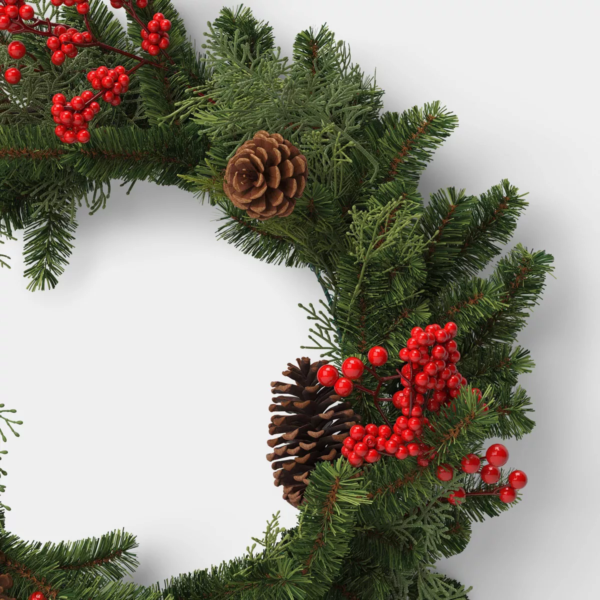 28" Mixed Greenery and Cedar with Pinecones and Red Berries Artificial Christmas Wreath Green - Wondershop™: Unlit, Indoor/Outdoor Use
