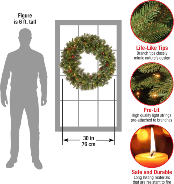 30 in Pre-Lit Crestwood Spruce Artificial Christmas Wreath, Christmas Decoration with Glitter, Pinecones, Red Berries, 70 Clear LED Lights, 200 Tips, Timer, Green