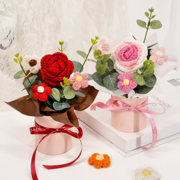 Crochet Bouquet Rose Sunflower Handmade Artificial Knitted Flower Valentine'S Day Anniversary Wedding Birthday Gift Home Decor