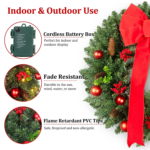 24In Pre-Lit Christmas Wreaths for Front Door Window, Artificial Evergreen Wreaths with Bow & Lights for Indoor Outdoor Christmas Decorations, Green