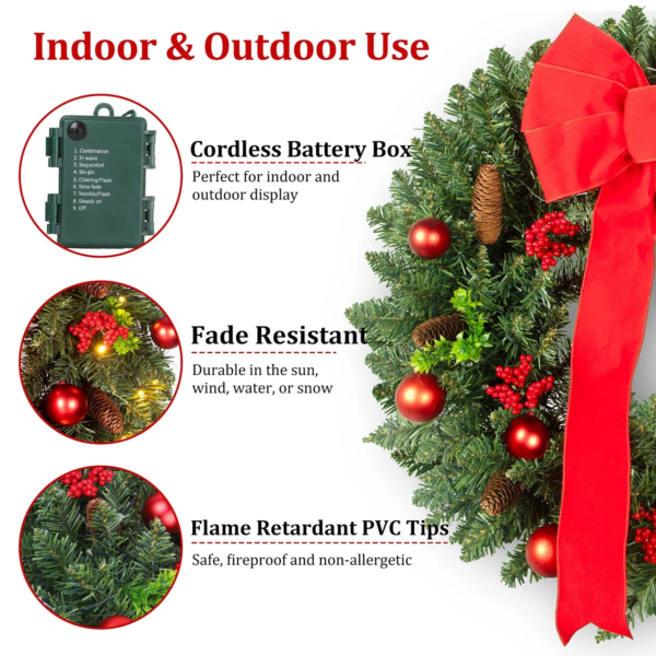 24In Pre-Lit Christmas Wreaths for Front Door Window, Artificial Evergreen Wreaths with Bow & Lights for Indoor Outdoor Christmas Decorations, Green