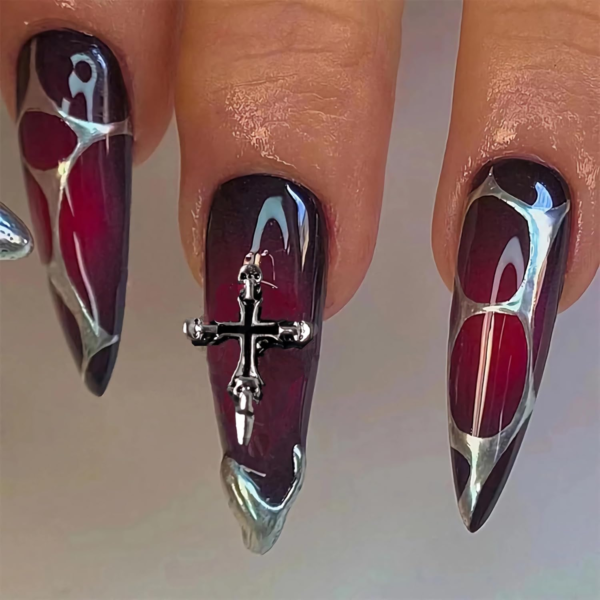 Stiletto Press on Nails Long Fake Nails Black Red Glue on Nails Almond Acrylic Nails with Goth Design Stick on Nails for Women and Girls 24Pcs