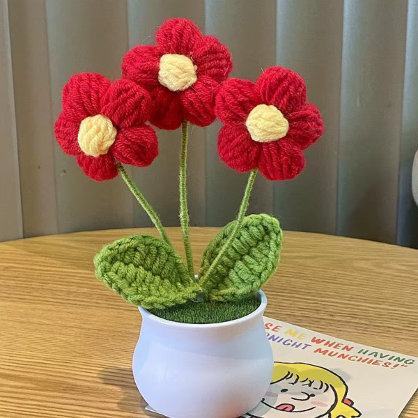 Hand Woven Lily Valley Potted Home Decoration Knitted Simulated Flower Yarn Crochet Flower Pot Sunflower Bouquet Gift DIY Hand
