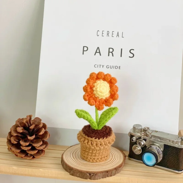 Hand Knitting Potted Plants Hand-Woven Rose Sunflower Tulip Crochet Flower Auto Interior Accessories Car Decoration Ornaments