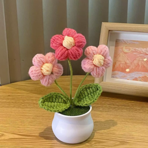 Hand Woven Lily Valley Potted Home Decoration Knitted Simulated Flower Yarn Crochet Flower Pot Sunflower Bouquet Gift DIY Hand