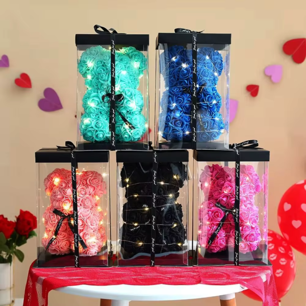 28Cm Artificial Teddy Rose Multicolors Romantic Valentines Day Gift Flower Bear with LED Strip Girlfriend Women Anniversary Bear
