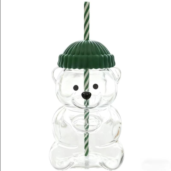 Holiday Bear Glass Cup with Straw, Cute Bear Cold Drink Cup, Festive Coffee & Beverage Glass, Adorable Bear Cup with Green Hat Lid, 2025 Seasonal Drinkware