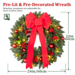 24In Pre-Lit Christmas Wreaths for Front Door Window, Artificial Evergreen Wreaths with Bow & Lights for Indoor Outdoor Christmas Decorations, Green