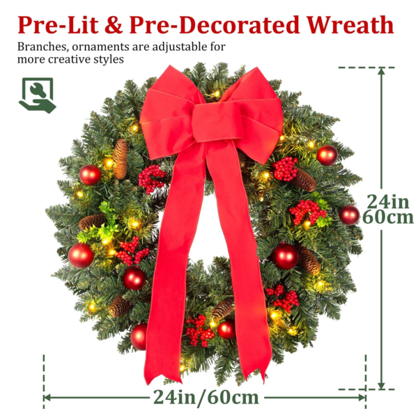24In Pre-Lit Christmas Wreaths for Front Door Window, Artificial Evergreen Wreaths with Bow & Lights for Indoor Outdoor Christmas Decorations, Green