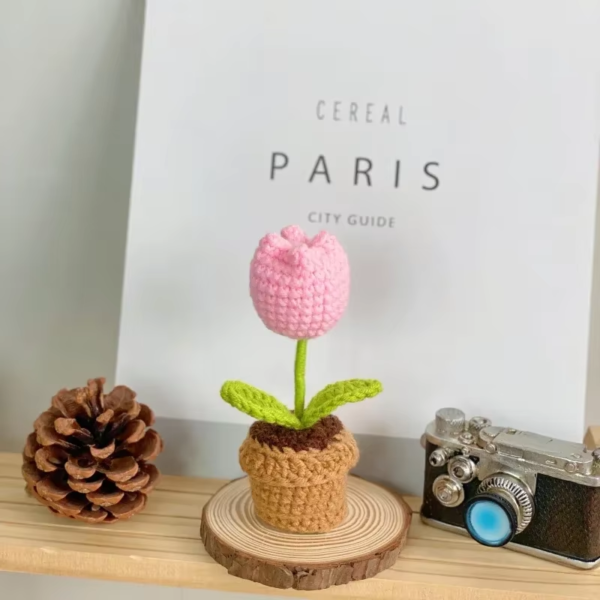Hand Knitting Potted Plants Hand-Woven Rose Sunflower Tulip Crochet Flower Auto Interior Accessories Car Decoration Ornaments