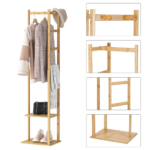 Bamboo Coat Rack Clothes Rack, Freestanding with 2 Shelves and 3 Hooks, Coat Tree for Entryway, Living Room, Coat Hanger Stand