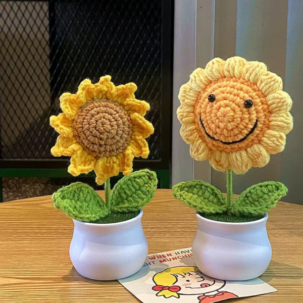 Hand Woven Lily Valley Potted Home Decoration Knitted Simulated Flower Yarn Crochet Flower Pot Sunflower Bouquet Gift DIY Hand