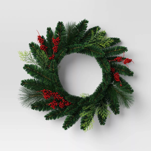 20" Christmas Unlit Mixed Greenery Wreath Red Berries - Wondershop™