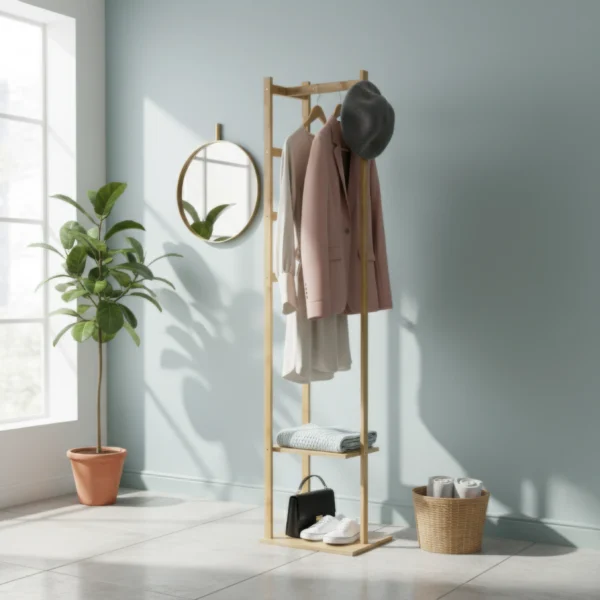 Bamboo Coat Rack Clothes Rack, Freestanding with 2 Shelves and 3 Hooks, Coat Tree for Entryway, Living Room, Coat Hanger Stand
