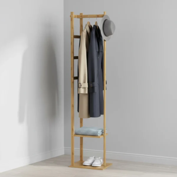 Bamboo Coat Rack Clothes Rack, Freestanding with 2 Shelves and 3 Hooks, Coat Tree for Entryway, Living Room, Coat Hanger Stand