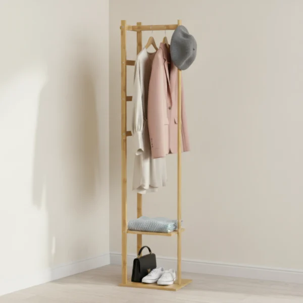 Bamboo Coat Rack Clothes Rack, Freestanding with 2 Shelves and 3 Hooks, Coat Tree for Entryway, Living Room, Coat Hanger Stand