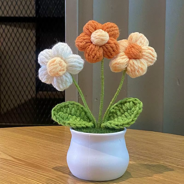 Hand Woven Lily Valley Potted Home Decoration Knitted Simulated Flower Yarn Crochet Flower Pot Sunflower Bouquet Gift DIY Hand