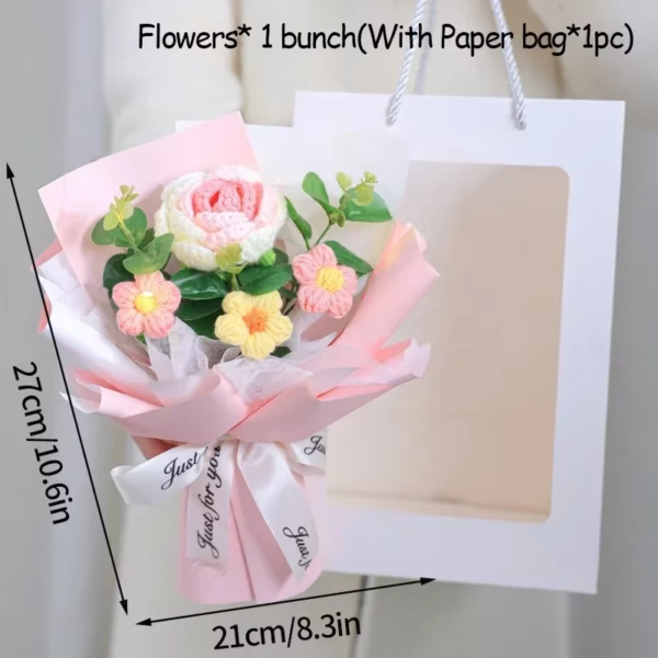 Rose Knitted Flowers Bouquet Crochet Flower for Back to School Handmade Bouquets Wedding Christmas Halloween Gift Home Decor