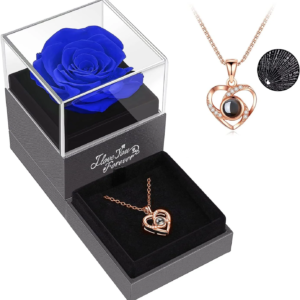 Preserved Red Real Rose with I Love You Necklace in 100 Languages -Eternal Flowers Rose Gifts for Mom Wife Girlfriend on Birthday Anniversary Christmas Mothers Day Valentines Romantic Gifts for Her