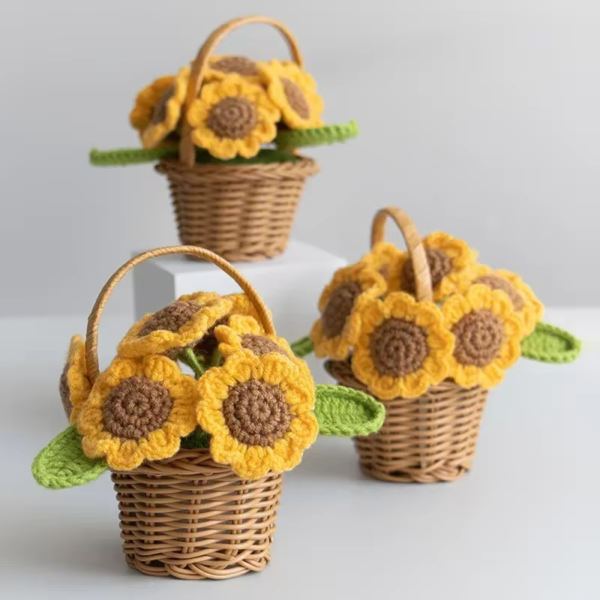 Crochet Flower Cute Finished Woven Sunflowers Potted Hand-Knitted Sunflowers Table Home Decor Wedding Ornament Friends Gift