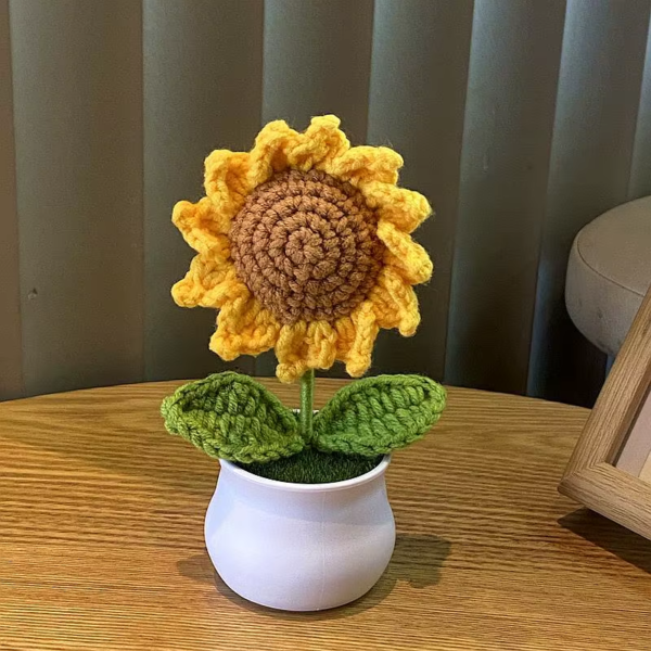 Hand Woven Lily Valley Potted Home Decoration Knitted Simulated Flower Yarn Crochet Flower Pot Sunflower Bouquet Gift DIY Hand