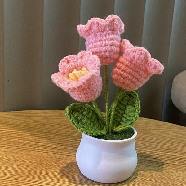 Hand Woven Lily Valley Potted Home Decoration Knitted Simulated Flower Yarn Crochet Flower Pot Sunflower Bouquet Gift DIY Hand