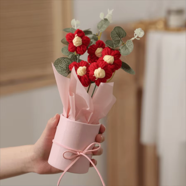 1Pc Artifiical Folwer Bouquet Wool Puff Flower Bucket Home Furnishings Handmade Crochet Yarn Bouquet Valentine'S Day Gift Home