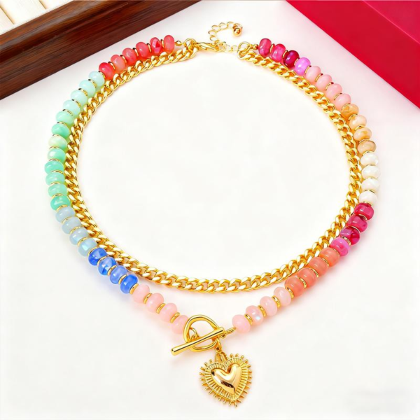 Dopamine Colorful Beaded Necklace Ethnic-Style Collarbone Chain with Stackable Heart Pendant for Stylish Looks and Versatile Jewelry