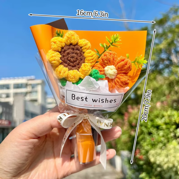 Crochet Bouquet Rose Sunflower Handmade Artificial Knitted Flower Valentine'S Day Anniversary Wedding Birthday Gift Home Decor