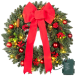 24In Pre-Lit Christmas Wreaths for Front Door Window, Artificial Evergreen Wreaths with Bow & Lights for Indoor Outdoor Christmas Decorations, Green