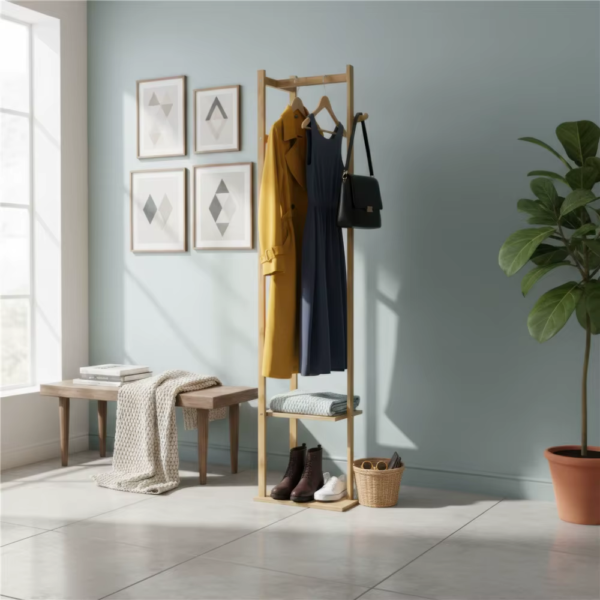 Bamboo Coat Rack Clothes Rack, Freestanding with 2 Shelves and 3 Hooks, Coat Tree for Entryway, Living Room, Coat Hanger Stand