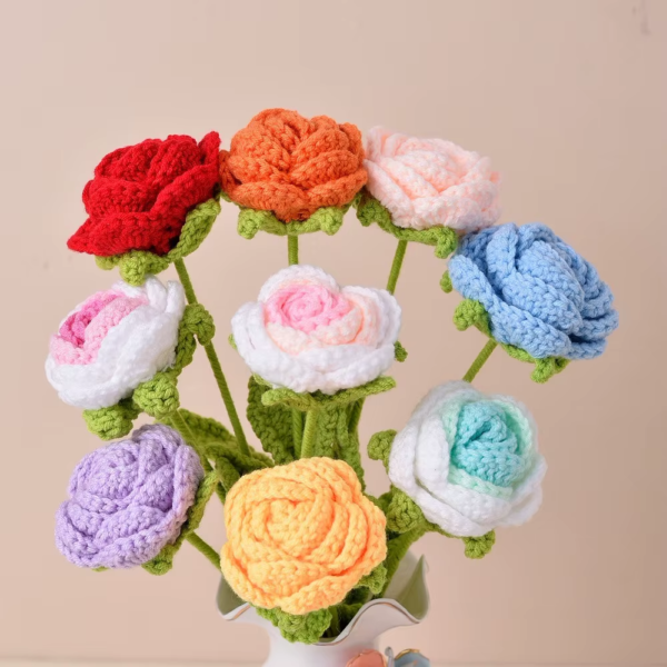 Finished Knitting Rose Woven Gradient Artificial Flowers Flowers Bouquet Table Ornament Braided Fake Flowers Holiday Gifts