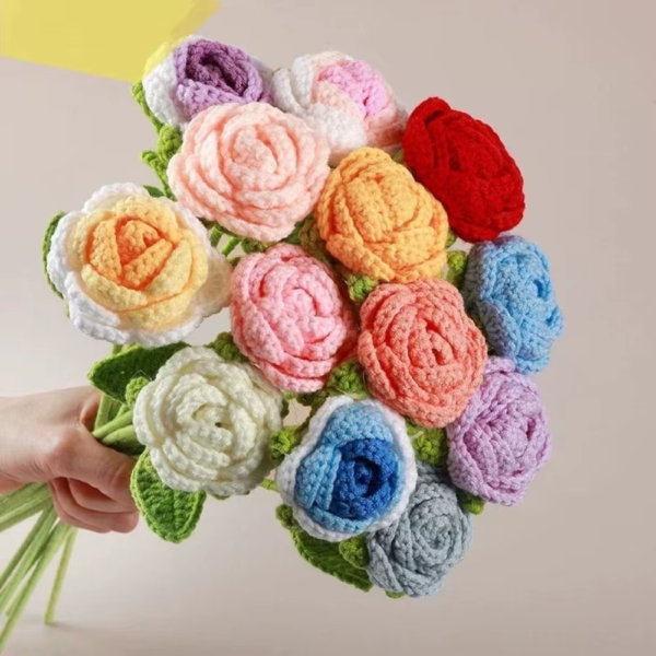 Finished Knitting Rose Woven Gradient Artificial Flowers Flowers Bouquet Table Ornament Braided Fake Flowers Holiday Gifts