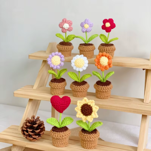 Hand Knitting Potted Plants Hand-Woven Rose Sunflower Tulip Crochet Flower Auto Interior Accessories Car Decoration Ornaments